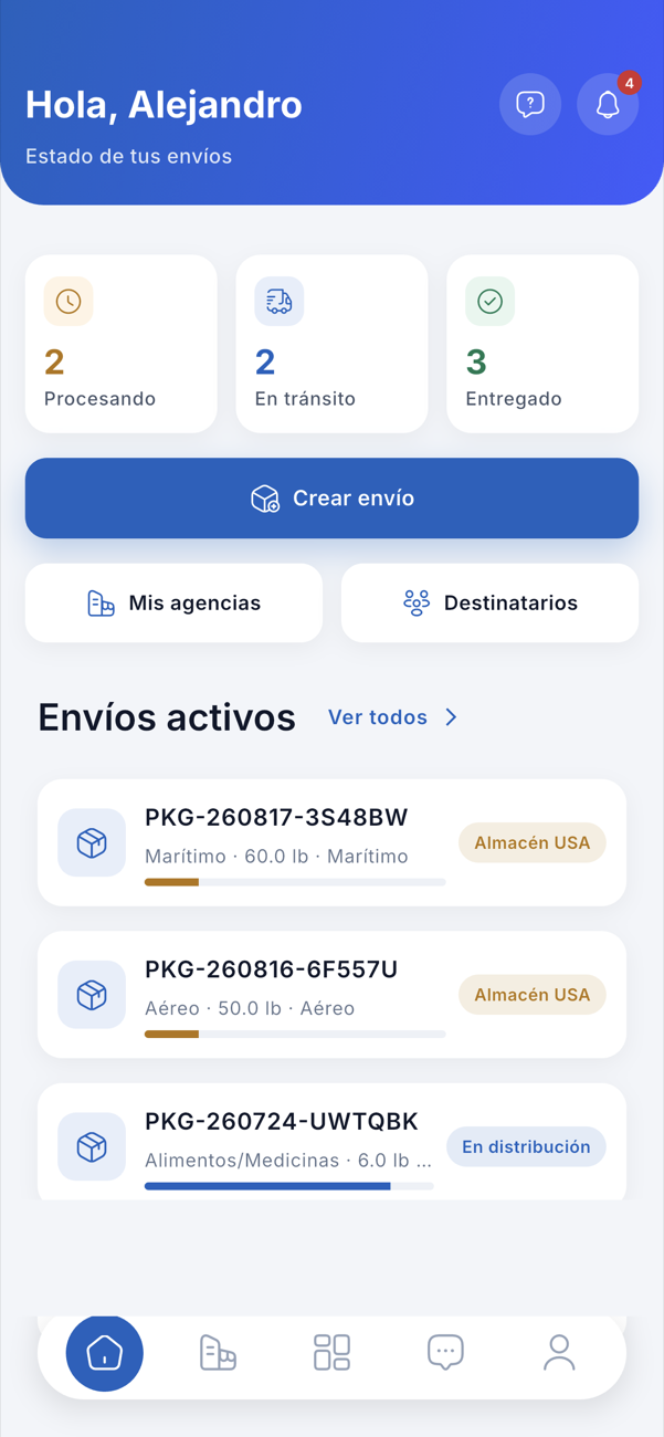Mi Envío Cuba — inicio con el estado de tus envíos activos