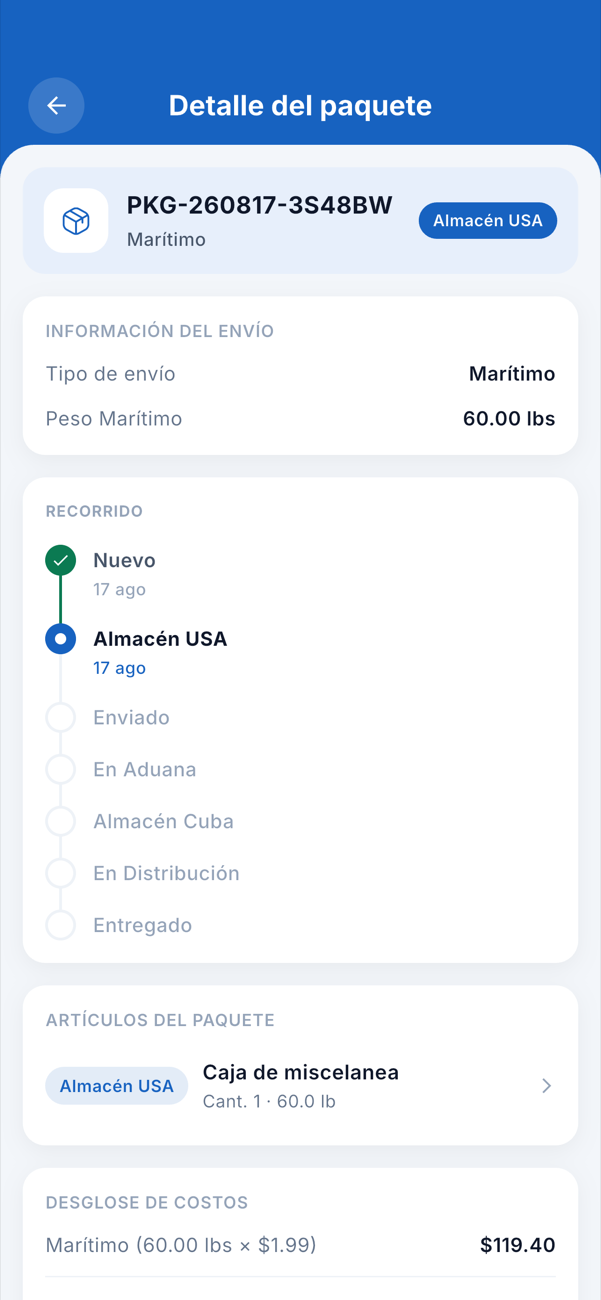 Mi Envío Cuba — detalle de un paquete con su recorrido etapa por etapa