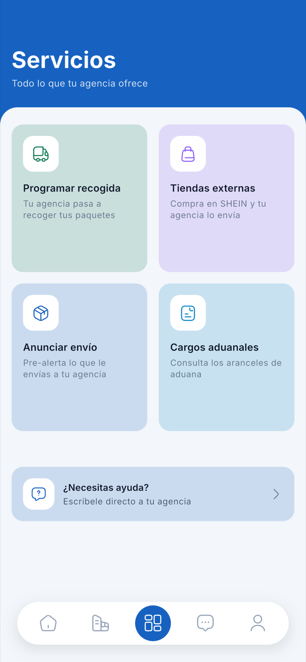 Mi Envío Cuba — servicios de tu agencia: Programar recogida, Tiendas externas, Cargos aduanales