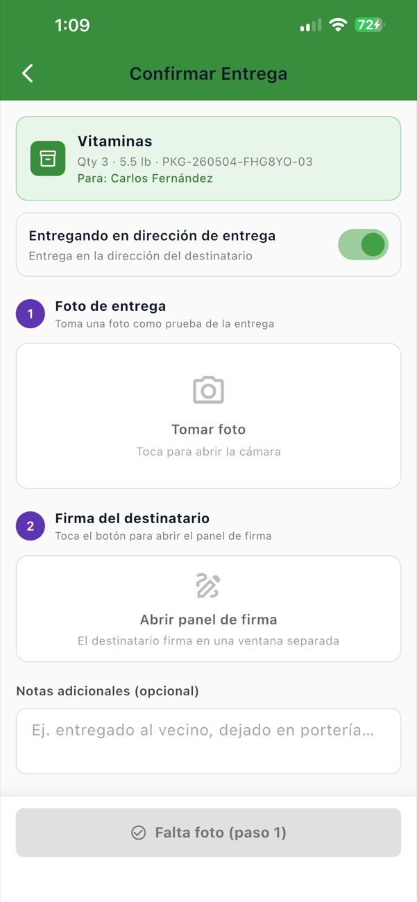 Mi Admin — confirmar entrega con foto y firma del destinatario