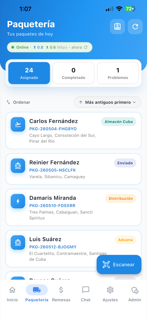 Mi Admin — paquetes asignados del día, con su estado