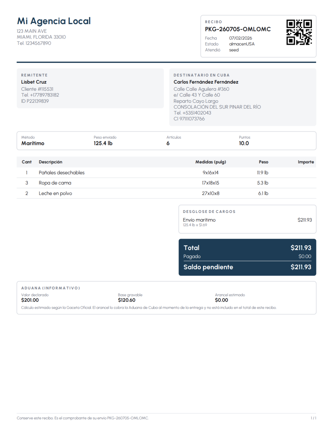 Recibo en PDF generado por Mi Dashboard, con código QR y desglose de cargos